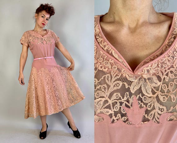 1940s Pink Passion Dress | Vintage 40s Ballerina Pink Rayon and Lace Flames Frock with Padded Shoulders and Full Skirt | Extra Large XL