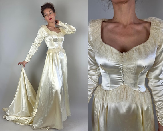 1940s Beyond Beautiful Bride Gown | Vintage 40s White Satin Rayon Wedding Dress w/Lace Sweetheart Neck Peplum & Long Train | Extra Small XS
