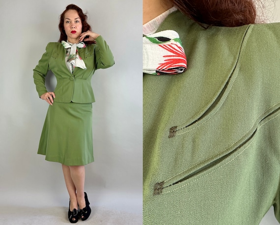 1940s Perfectly Poised Suit | Vintage 40s Seafoam Green Wool Gab Two Piece Single Button Jacket Blazer and A-Line Skirt Set | Extra Small XS