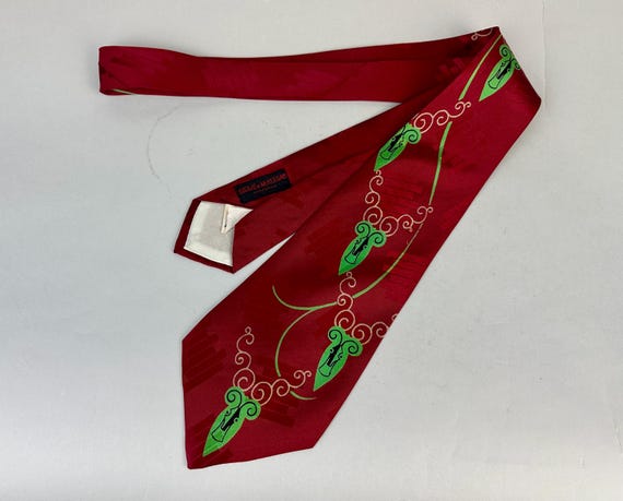 1940s Mantis Mantra Necktie | Vintage 40s Crimson Red Wide Silk Brocade Self Tie Cravat with Green Black and White Praying Mantises Print