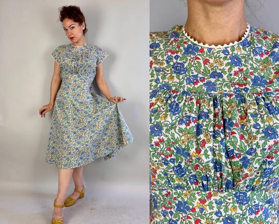 1930s Frances's Floral Frock | 30s Vintage Depression Era Wrap Volup Dress w/Blue Yellow + Red Flowers & Ric-Rac Trim | Large XL Extra Large