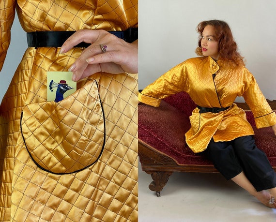 1940s Good as Gold Lounge Set | Vintage 40s Two Tone Gold and Black Quilted Rayon Peplum Lounging Jacket Top w/Pocket, Pants & Belt | Medium