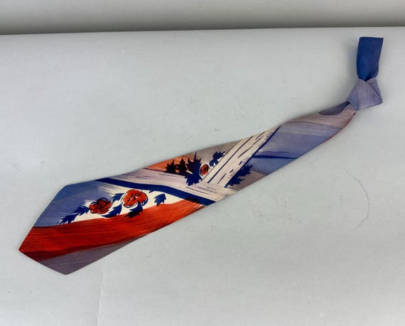 1940s Painter’s Pride Necktie | Vintage 40s Hand Painted Self Tie Cravat w/Florals and Brushstrokes of Periwinkle Lilac Navy Blue & Red