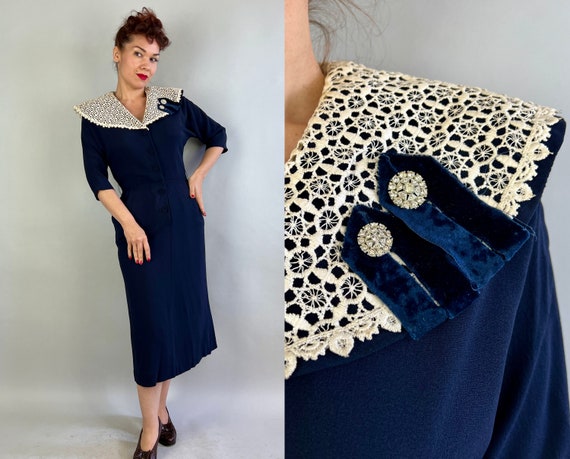 1950s Web of Lies Wiggle Dress | Vintage 50s Navy Blue Rayon Crepe Cocktail Frock with Spiderweb Lace Collar & Rhinestone Buttons | Medium