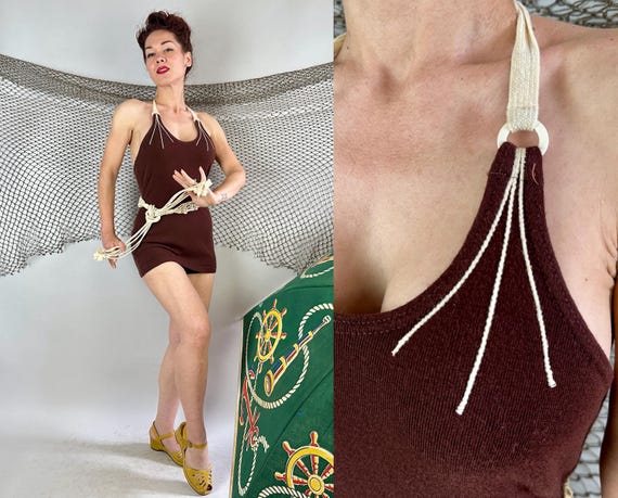 1930s Rope on the Boat Swimsuit | Vintage 30s Brown Wool Knit Bathing Suit w/White Straps Embroidery & Knotted Belt | Small Medium Large