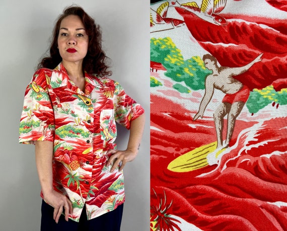 1950s Surfs Up Shirt | Vintage 50s Hawaiian Button Up Blouse Novelty Top w/Guitars Fish Palms and Pineapples | Extra Large XL Volup