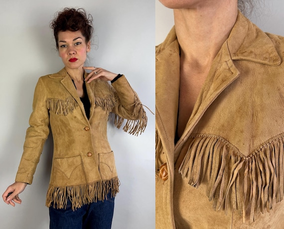 1940s Courtney's Country Cowgirl Jacket | 40s Tan Almond Brown Suede Leather Westernwear Fringe Coat with Pinking and Pockets | Small