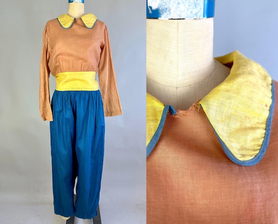 1920s Jester Jumpsuit | Vintage 20s Cotton Peach Pink Sunshine Yellow and True Blue Color Block Costume Romper w Peter Pan Collar | Medium