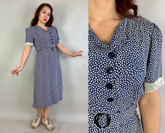 1940s Boutonniere Blossoms Frock | Vintage 40s Blue & White Micro Floral Rayon Dress with Puff Sleeves and Lace Cuffs | Large Extra Large XL