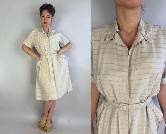 1940s Debutante Derby Day Dress | Vintage 40s Ivory White Openwork Stripe Zip Front Frock with Pockets and Belt | Extra Large XL