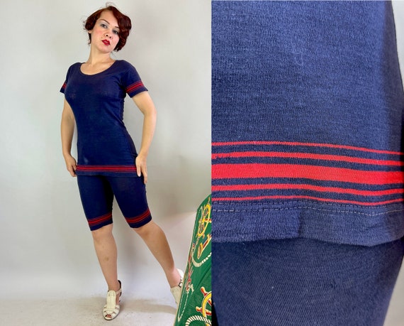 1920s Betty's Buff Bathing Suit | Vintage Antique 20s Cotton Navy Blue with Red Trim Two-Piece Two-Tone Swimsuit | Small Medium Large
