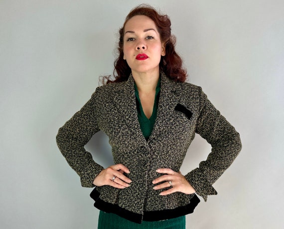 1950s Tweedy TV Star "Lilli Ann" Blazer | Vintage 50s Black and White Eyelash Tweed Wool Wasp Waist Jacket with Velvet Accents | Small