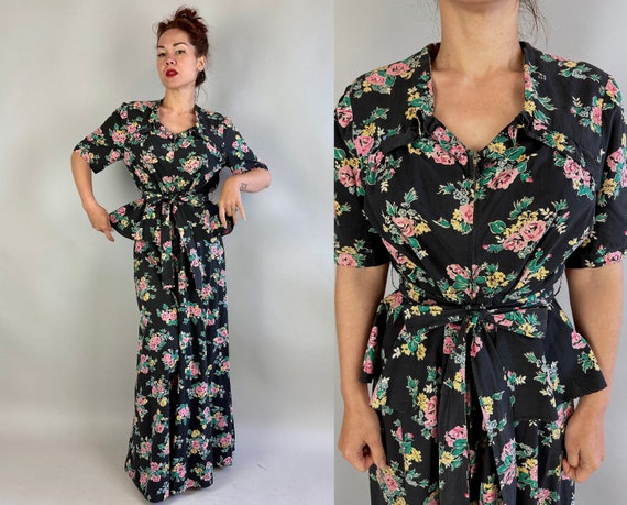 1940s Happy Hostess Dress | Vintage 40s Black Pink Green Blue & Yellow Floral Cotton Zip Front Ruffled Dressing Gown | Large Extra Large XL