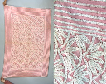 1950s Home Sweet Home Bedspread | Vintage 50s Pink and White Fluffy Cotton Chenille Bed Cover Beach Blanket Throw For Twin Size Bed