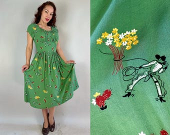1950s Lasso of Love Dress | Vintage 50s Sage Green Red Yellow and White Cotton Cowboy Flowers & Cactus Novelty Print Frock | Small