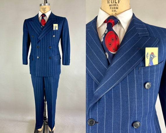 1930s My Blue Heaven Suit | Vintage 30s Cobalt Blue Wool with Chalk Stripes Double Breasted Peak Lapels Two-Piece Set | Size 36 Small