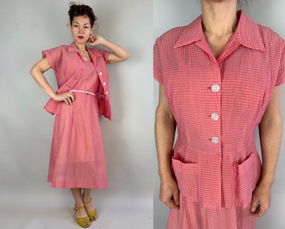 1940s Carefree Candy Coated Sun Dress Ensemble | Vintage 40s Red and Pink Stripe Semi-Sheer Seersucker Frock and Jacket Top Set | Large