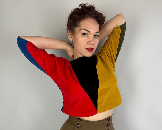 1950s Big Top Babs Crop Top | Vintage 50s Black Yellow Red Blue and Green Velveteen Color Block Short Midriff Blouse | Small Medium