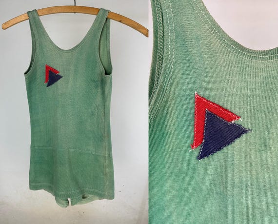 1920s Splish Splash Shapes Swimsuit | Vintage Antique 20s Green Wool Bathing Suit with Red & Blue Triangle Appliqués | Extra Small XS Small