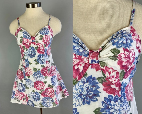 1930s Blossoming Beauty Romper | Vintage 30s White Blue and Pink Floral Rayon Faille Playsuit Swimsuit with Button Back | Small Medium