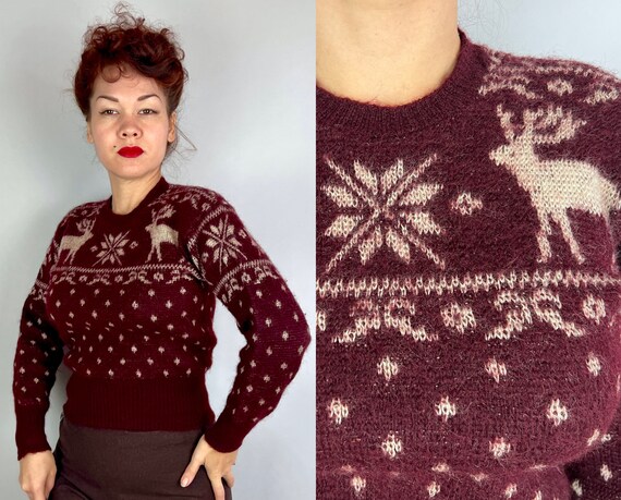 1940s Rudolph's Reindeer Sweater | Vintage 40s Maroon Red and White Wool Winter Holiday "Jantzen" Knit Jumper w/ Deer & Snowflakes | Medium