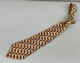 1940s Dancing Waves Necktie | Vintage 40s Yellow White and Brown Silk Self Tie Cravat with Rippling Diagonal Stripes Pattern by "Roos Bros"