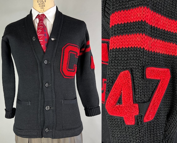 1940s Colin Goes to College Cardigan | Vintage 40s Collegiate Wool Sweater in Black & Crimson Red by 'Wilson' Dated 1947! | Small/Medium