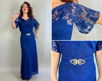 1930s Cobalt Camille Gown | Vintage 30s Blue Lace Long Evening Dress and Slip with Matching Belt and Rhinestone Silver Buckle | Small/Medium