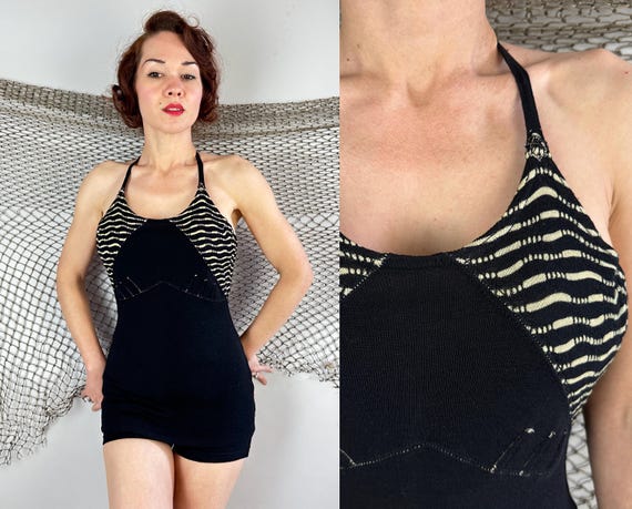 1930s Poolside Party Animal Swimsuit | Vintage 30s Black Wool with White Zebra Stripes Knit Two Piece Backless Bathing Suit | Small Medium