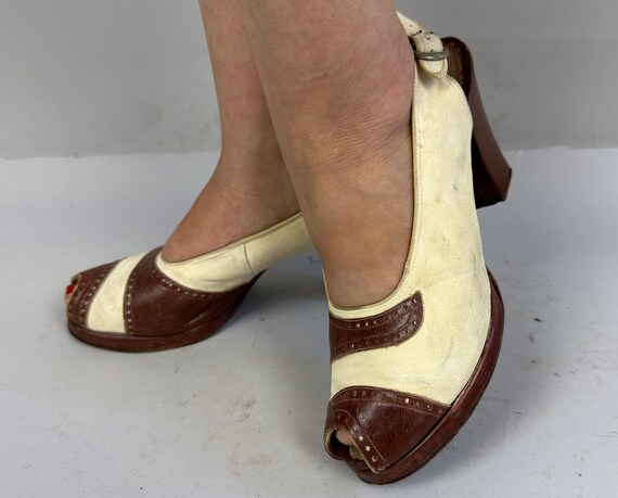 1940s Spectacular Spectator Platforms | Vintage 40s Brown and White Leather & Suede Slingback High Heel Shoes with Peep Toes | Size US 8