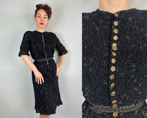 1950s Glitter in Gold Dress | Vintage 50s Black Wool and Metallic Lurex Lace Knit Button Up Frock w/Frilly Trim and Metal Hoop Belt | Large
