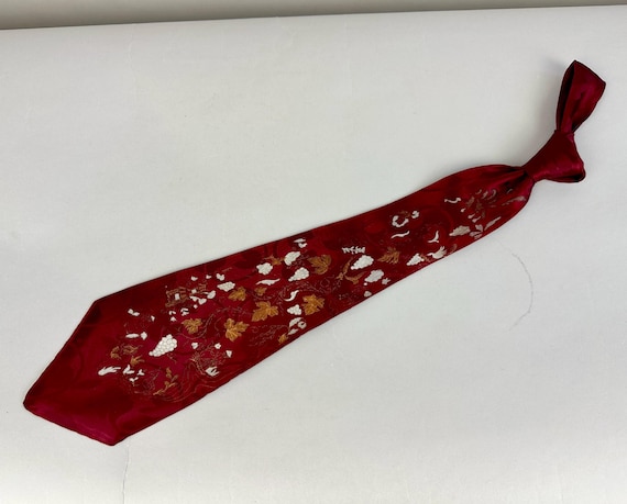 1940s Bacchanal Celebrations Necktie | Vintage 40s Wine Red Vining Silk Brocade Self Tie with Hand Painted Grapevines, Leaves, and Bunches