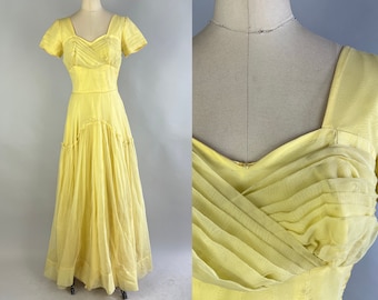 1940s Beautiful 'Belle' Ball Gown | Vintage 40s Daffodil Yellow Tulle Floor Length Evening Gala Dress with Pleated Bust | Extra Small XS