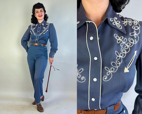 1950s Tumbleweed Trails Western Set | Vintage 50s Slate Blue Rayon Gabardine Pearl Snap Shirt and Side Zip Pants with White Accents | Medium