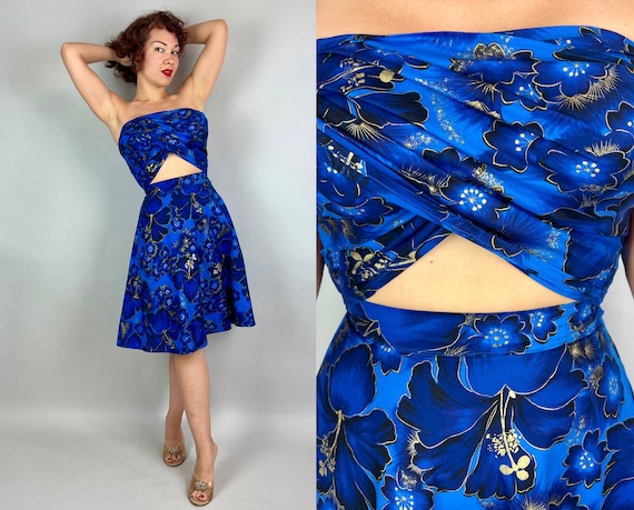 1950s Sultry Sunning Set | Vintage 50s Blue and Gold Cotton Two Piece Hawaiian Playsuit Beach Ensemble w/Sarong Top and Flared Skirt | Small