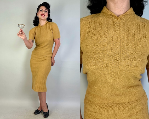 1940s Must Have Mustard Knit Set | Vintage 40s Yellow Two Piece Wool Sweater Top and Skirt with Geometric Design Elements | Medium Large XL