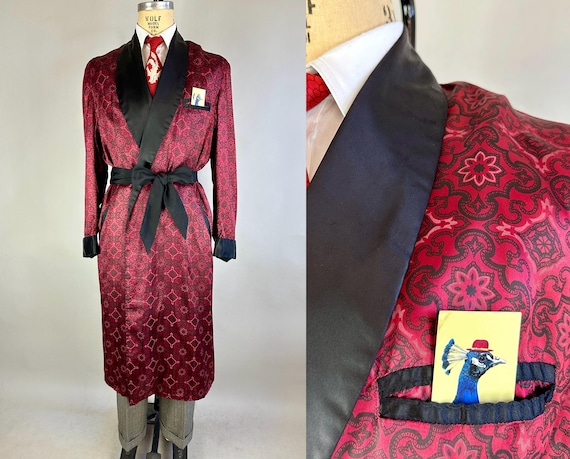 1940s Satin Slip Away Dressing Robe | Vintage 40s Deadstock Burgundy Red and Black Two Tone Rococo Motif Smoking Jacket w/Belt | Large