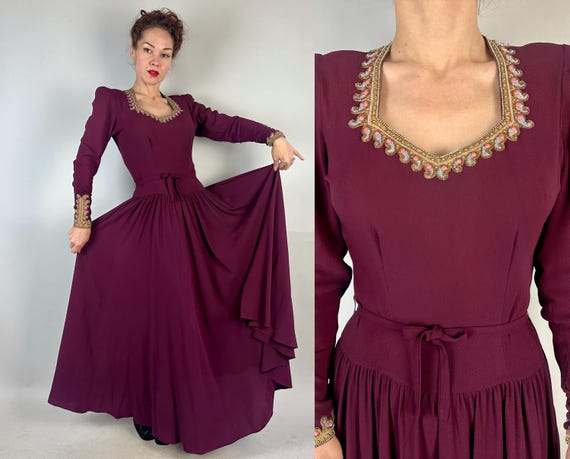 1930s Resplendantly Regal Gown | Vintage 30s Plum Purple Rayon Crepe Dress w/Pink and Blue Beaded Paisley and Gold Metal Embroidery | Medium