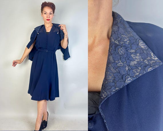 1940s Lady Sings the Blues Dress Set | Vintage 40s Navy Blue Rayon Sem-Sheer Chiffon and Lace Frock w/ Jacket & Rhinestones | Extra Large XL
