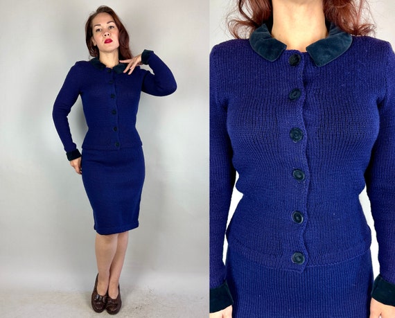 1950s Moonlit Midnight Knit Dress Set | Vintage 50s Dark Purple Wool Cardigan Sweater Top & Skirt Two Piece with Velvet Trim | Small Medium