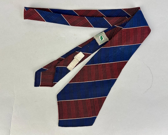 1930s Spiffy Stripes Necktie | Vintage 30s Irish Poplin Silk and Wool Bias Striped Textured Self Tie Cravat in Red Blue and Black