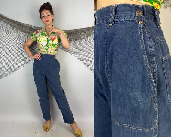 1950s Dangerous in Denim Jeans | Vintage 50s Dark Slate Blue Cotton Dungarees Side Zip High Waist Pants with Peach Top Stitching | Small