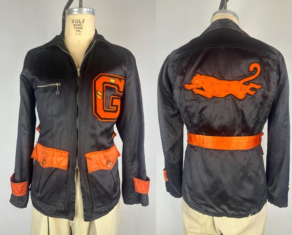 1930s Get 'Em Tiger Athletic Jacket | Vintage 30s Two-Tone Black and Orange Sateen Sports Letterman Coat with Wool Patches | Small