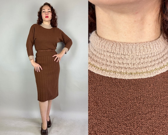 1950s Coffee Break Knit Dress Set | Vintage 50s Brown Wool Boucle Knitwear Sweater Skirt & Belt with Beige and Gold Lurex Accents | Small XS