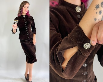 1940s Holiday Espresso Suit | Vintage Dark Brown Velveteen Ensemble Jacket Top w/ Rhinestones & Skirt Evening Cocktail Set | Extra Small XS