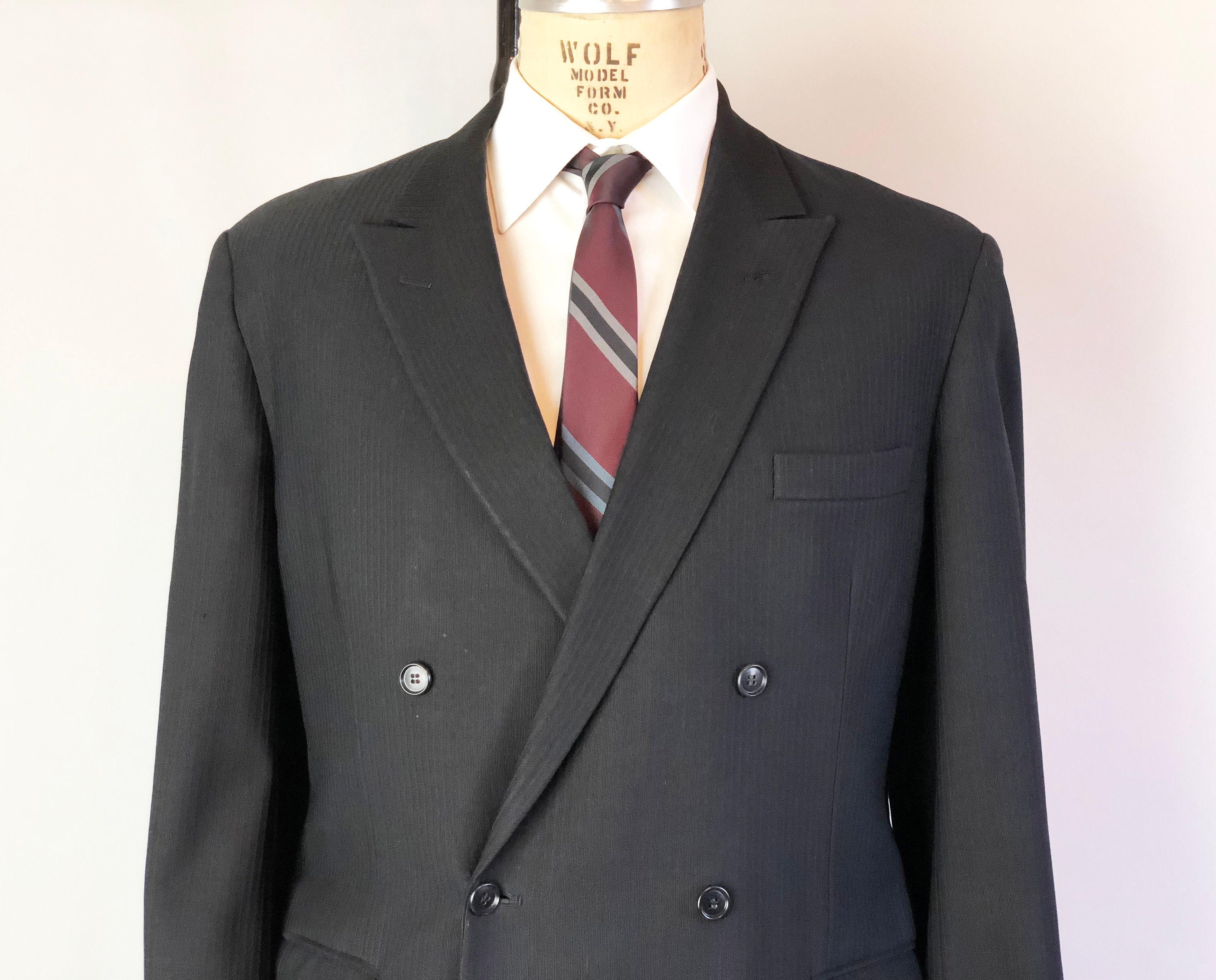 1950s Peak Lapel Mens Blazer | Vintage 50s Jet Black Wool Ventless