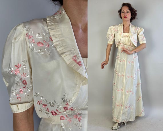 1930s Blissful Sakura Bloom Dress and Bolero Set | Vintage 1930s Two Piece White Rayon Taffeta Gown w/ Silk Pink Floral Embroidery | Medium