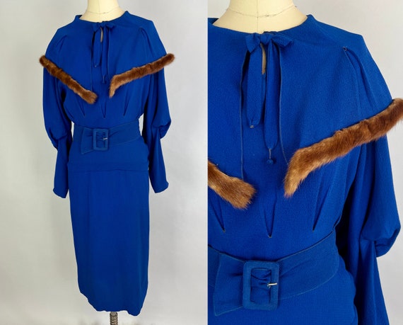 1930s Glorious Garbo Dress | Vintage 30s Cobalt Blue Rayon Crepe Frock with Belt Mink Trimmed Half Capelet and Bishop Sleeve & Belt | Small