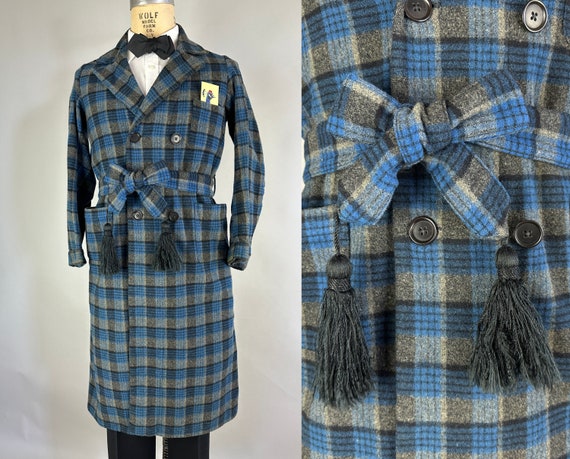 1930s Dapper Dan Dressing Gown | Vintage 30s Cobalt Blue Grey and Black Plaid Wool Double Breasted Lounge Jacket Robe with Belt | Small