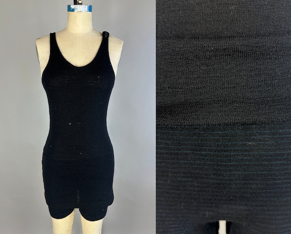 1920s The Classic Swimsuit | Vintage Antique 20s Jantzen Black Wool Knit One Piece Bathing Suit w/Button Shoulder Dated 1921! | Small Medium